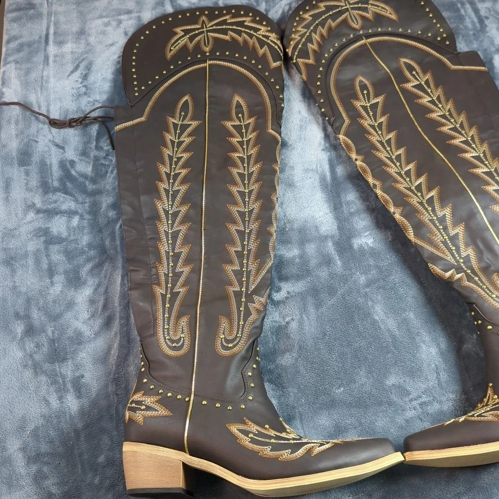 Women Thigh High Over the Knee Boot Size 10 Side Zipper Embroidery Cowgirl Boot